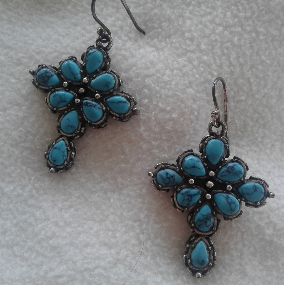 2-Sided 19" Cross Necklace AND Fishhook Earrings, Silver/Turquoise - Picture 3 of 4